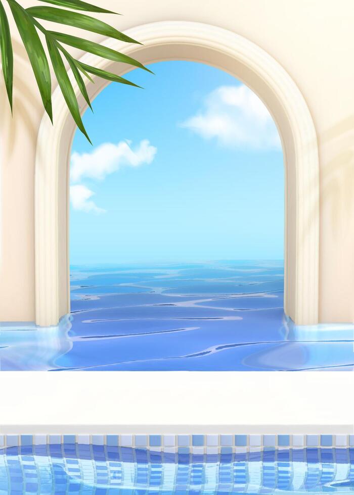 3d infinidade piscina fundo. ilustração do branco arco e azul telha piscina preenchidas com cristal Claro água vetor