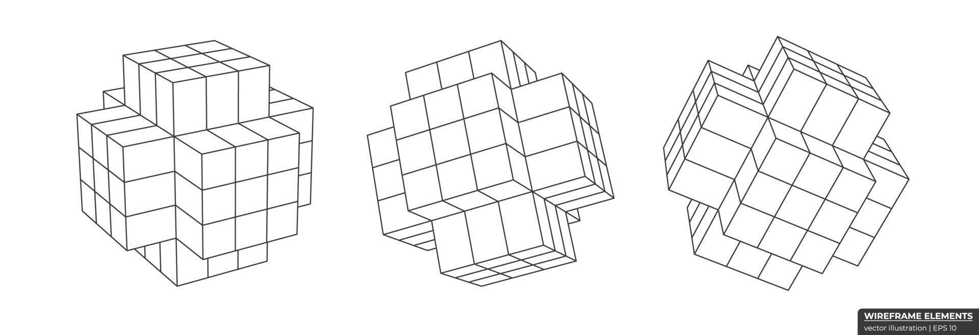 conjunto do estrutura de arame cubo a partir de diferente lados. coleção do pobre 3d poligonal formas. Cruz rede geometria vetor ilustração