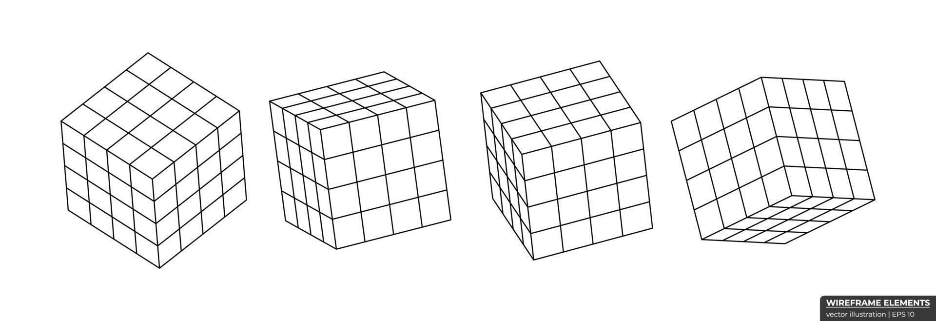 conjunto do estrutura de arame cubo a partir de diferente lados. coleção do pobre 3d poligonal formas. cubo rede geometria vetor ilustração