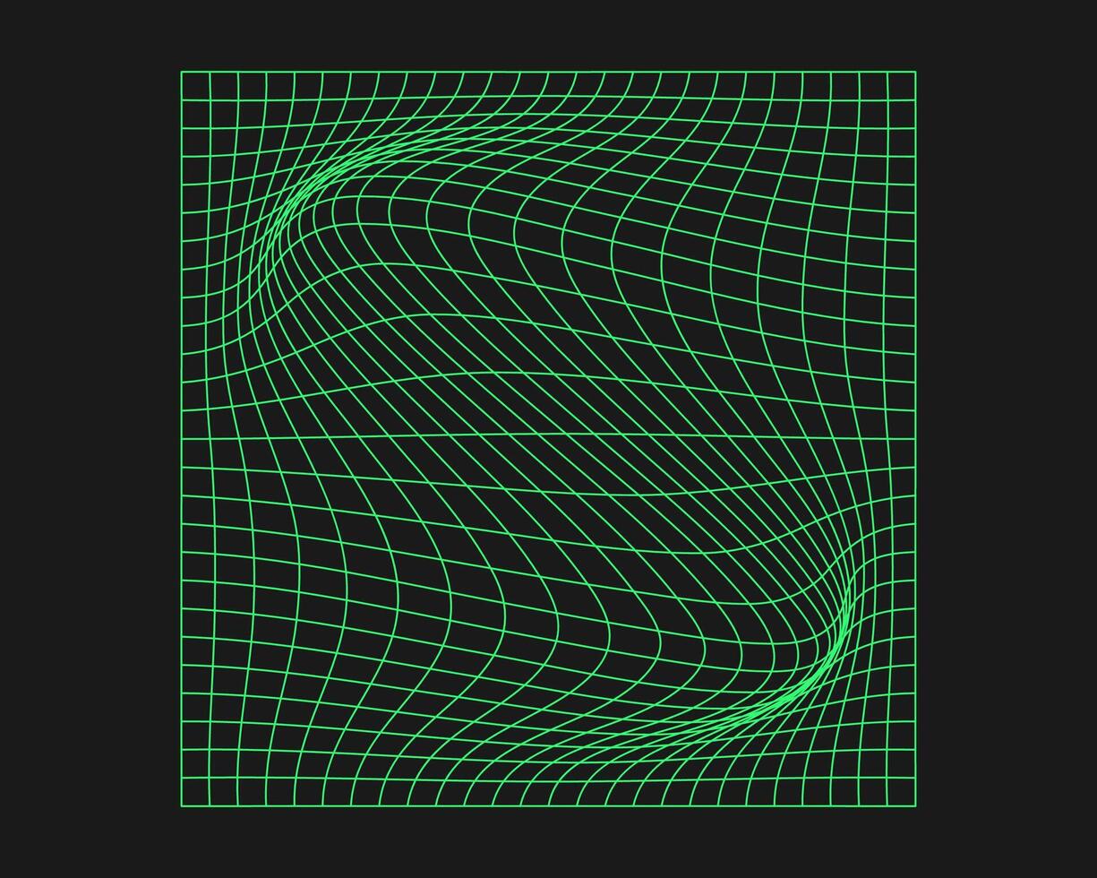 distorcido cyber grade. cyberpunk geometria elemento ano 2000 estilo. isolado verde malha em Preto fundo. vetor moda ilustração.