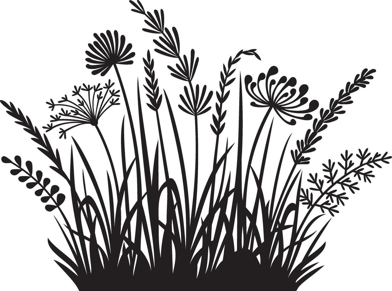 Relva silhueta vetor ilustração Projeto - flores e plantas.
