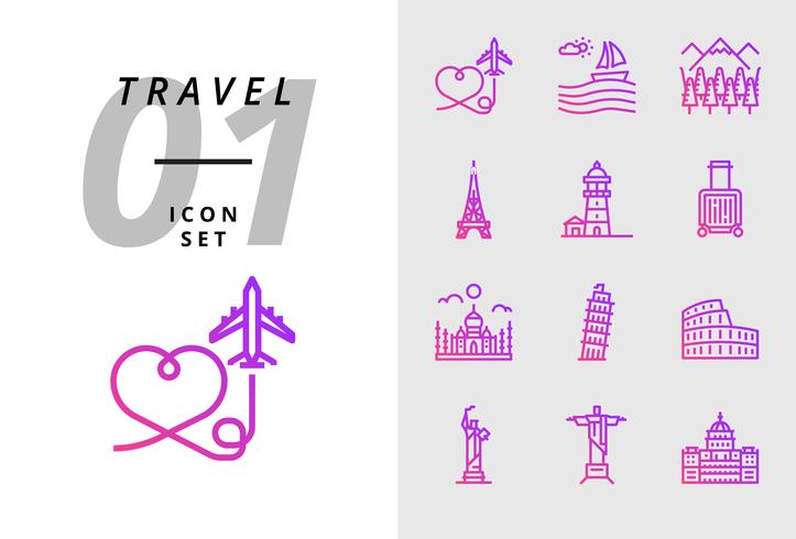 Pack ícone para viagens, avião de ar, paisagem, floresta, torre de Paris, farol, saco de trolley, Taj Mahal, torre de Pisa, Coliseu, estátua dos Estados Unidos, deja neiro, capital de uso. vetor