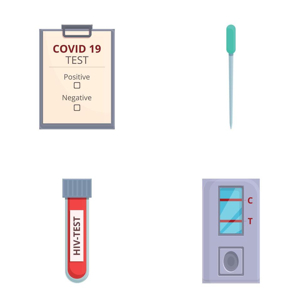 coronavírus teste ícones conjunto desenho animado vetor. positivo teste resultado para cobiçado vetor