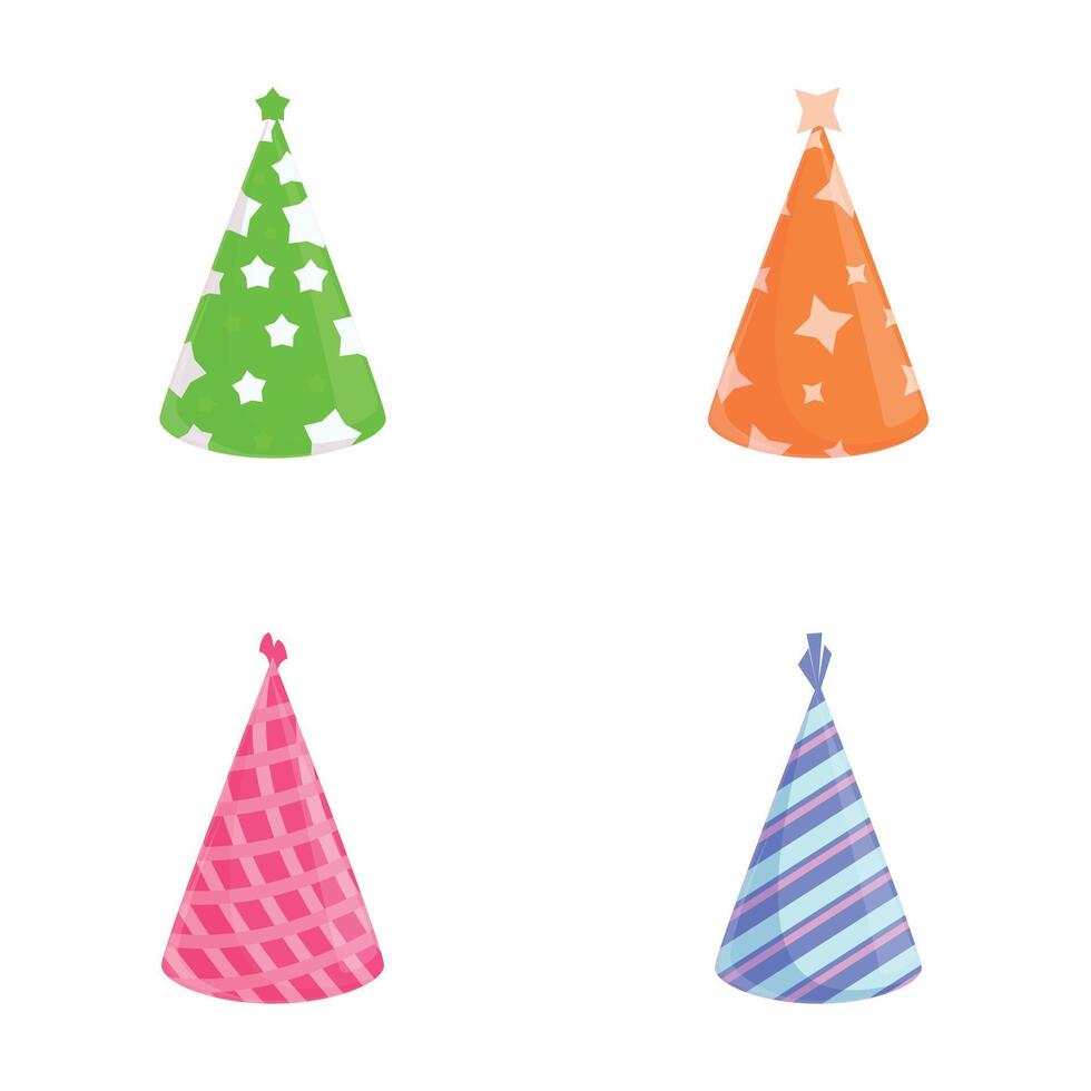 aniversário chapéu ícones conjunto desenho animado vetor. feriado celebração papel cone vetor