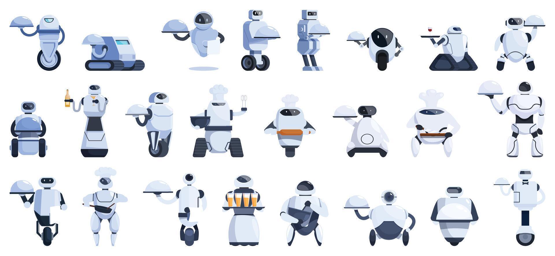 robô restaurante ícones conjunto desenho animado vetor. Comida indústria vetor