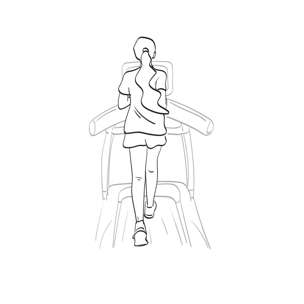 vista traseira da fêmea de corpo inteiro correndo na esteira em vetor de ilustração de ginásio isolado na arte de linha de fundo branco.