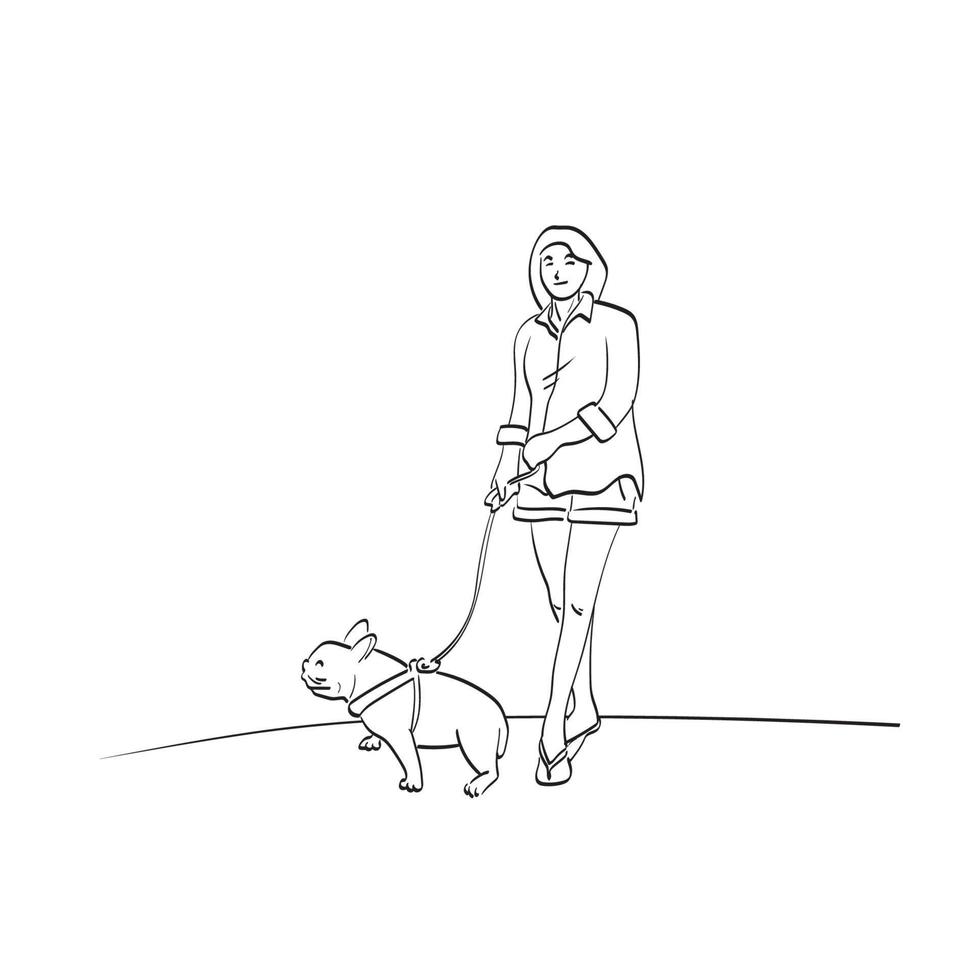 mulher com seu vetor de ilustração de bulldog isolado na arte de linha de fundo branco.