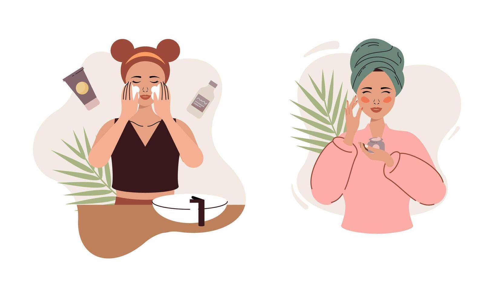 mulheres apreciar pele Cuidado rotina às casa ilustração vetor