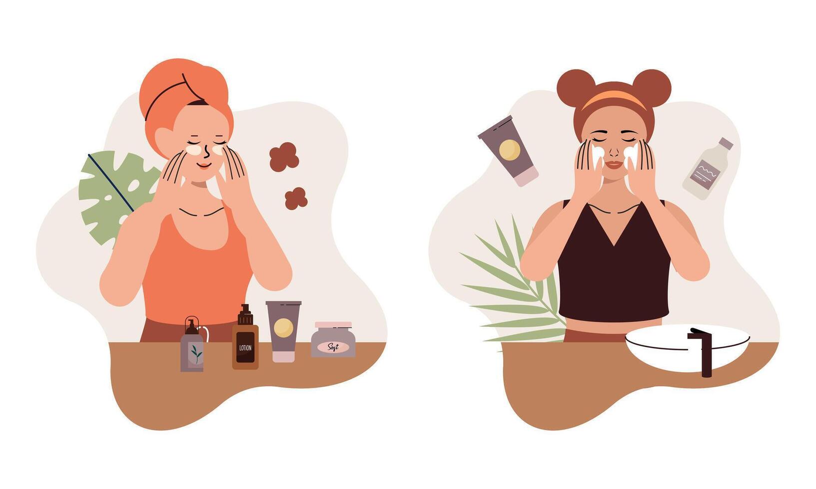 mulheres apreciar pele Cuidado rotina às casa ilustração vetor