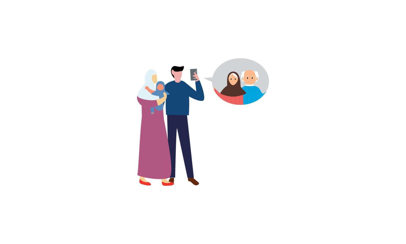 muçulmano família contato seus mais velho ou pais dentro Smartphone vídeo ligar para mostrar seus amor dentro eid Mubarak celebração vetor