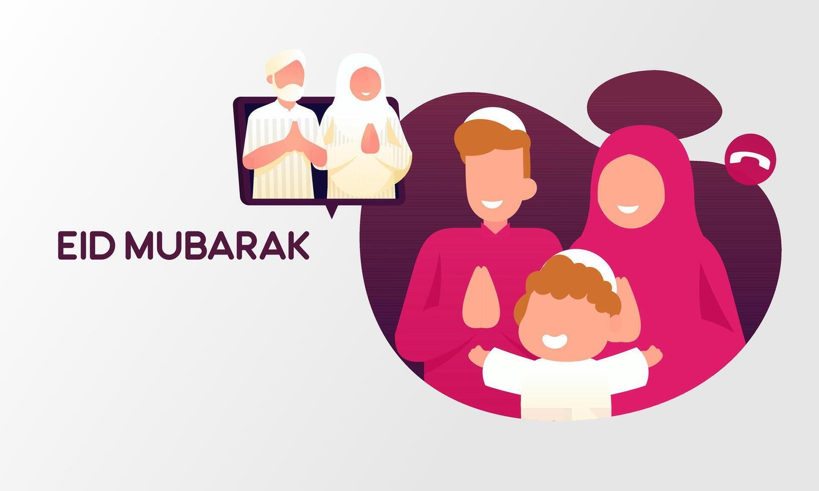 muçulmano família contato seus mais velho ou pais dentro Smartphone vídeo ligar para mostrar seus amor dentro eid Mubarak celebração vetor