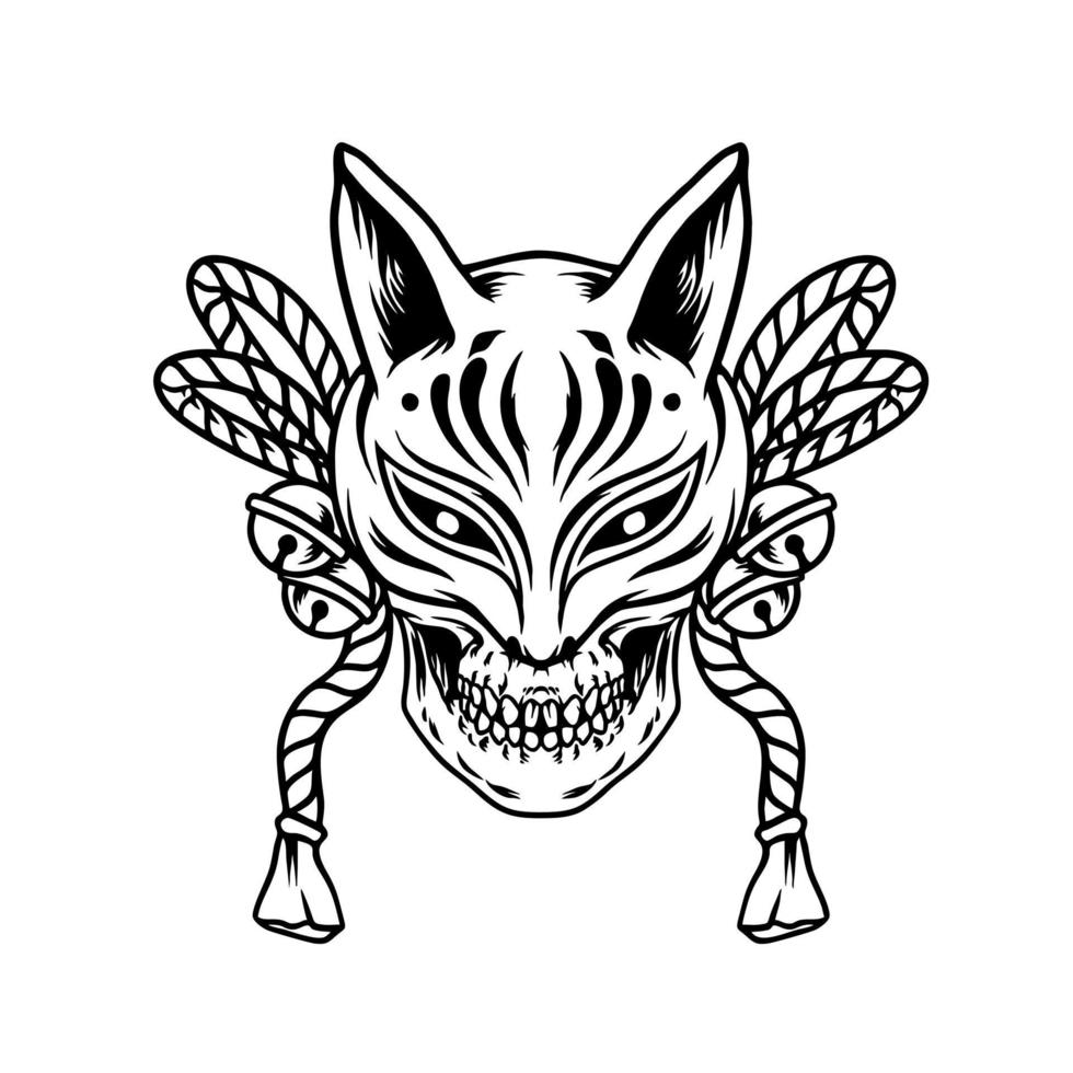 cabeça de crânio com silhueta de máscara kitsune vetor