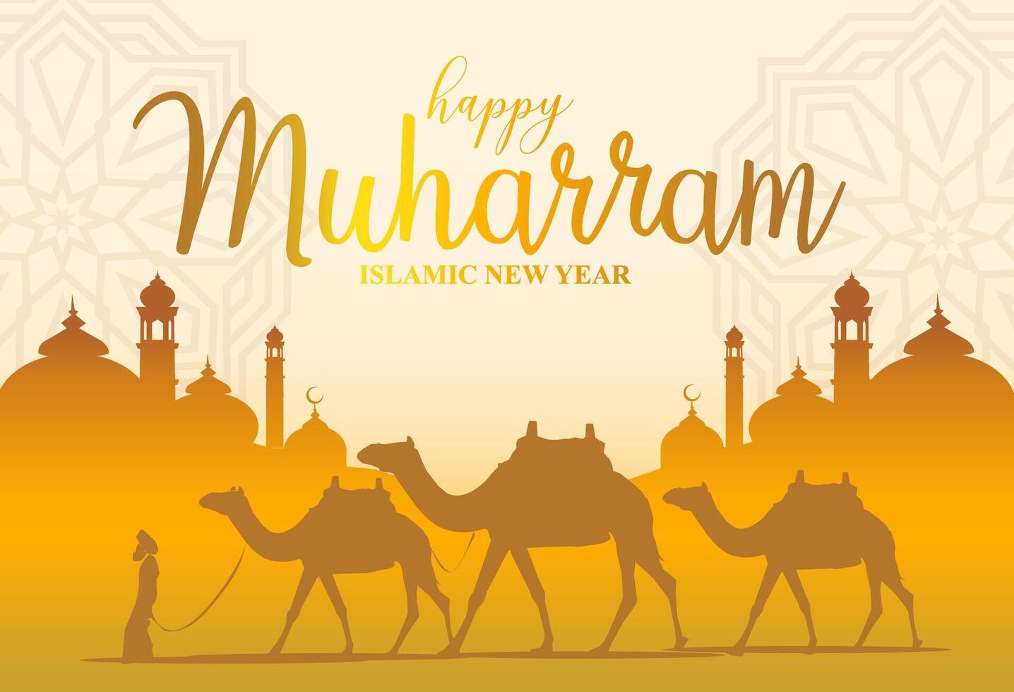 vetor camelos motorista muçulmano silhueta mesquita comemoro feliz muharram ouro laranja árabe deserto Sol fundo enfeite luxo