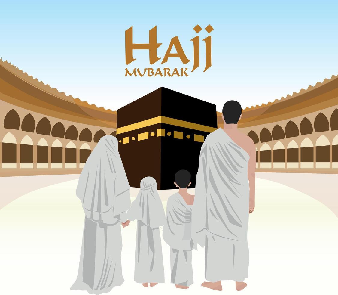 vetor família pai mãe filho e filha Rezar hajj com ihrom roupas dentro meca hajj Mubarak posição costas do corpo voltado para frente do kaaba masjidil haram Baitullah