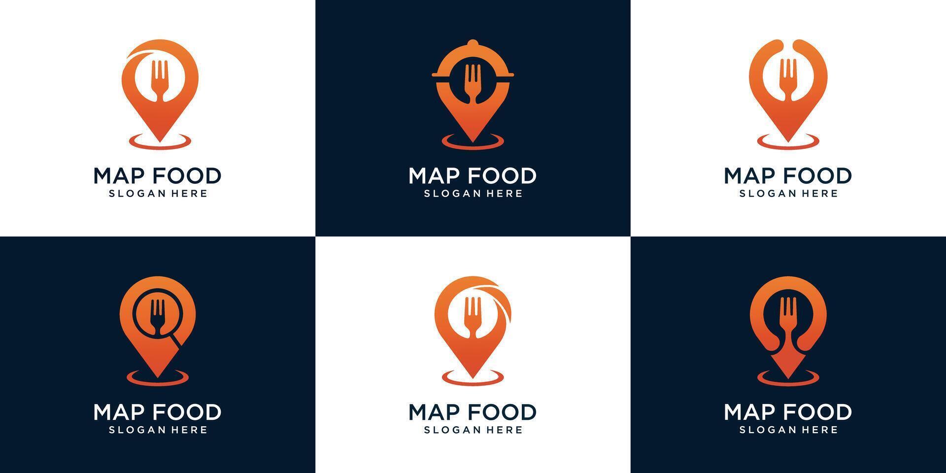 conjunto fora Comida localização logotipo projeto, com alfinete, garfo, ampliação vidro e o negócio cartão conceito Prêmio vetor