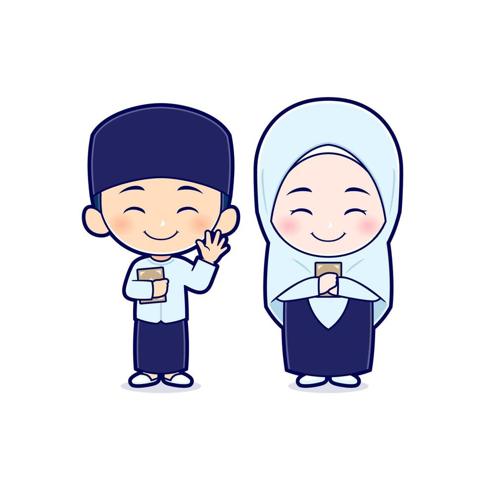 fofa Garoto e menina muçulmano segurando piedosos livro alcorão. Ramadhan desenho animado vetor mascote personagem. plano estilo conceito ilustração