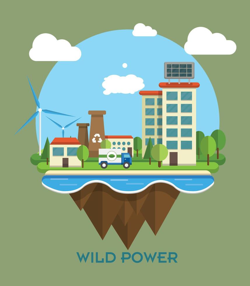selvagem poder plantar. sustentável ecológico energia fornecem com moinhos de vento. cidade com verde selvagem natureza, gramados, rio e vento turbinas vetor ilustração