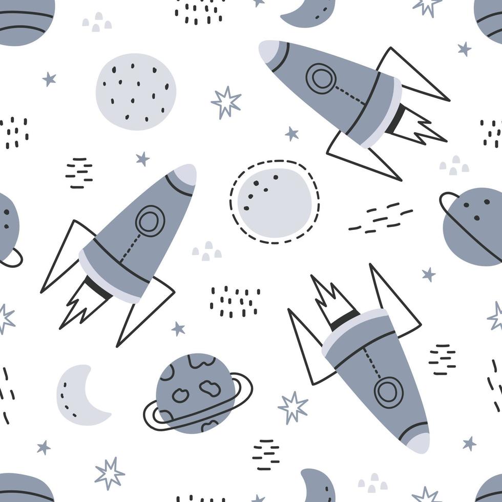 ilustração de fundo do espaço com estrelas e foguetes padrão de vetor sem costura desenhado à mão em estilo cartoon usado para imprimir papel de parede decorativo tecido têxtil