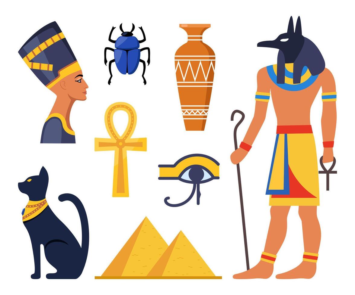 antigo Egito coleção. Deuses, divindades e mitológico criaturas a partir de egípcio mitologia e religião, sagrado animais, símbolos, arquitetura e escultura. vetor ilustração.
