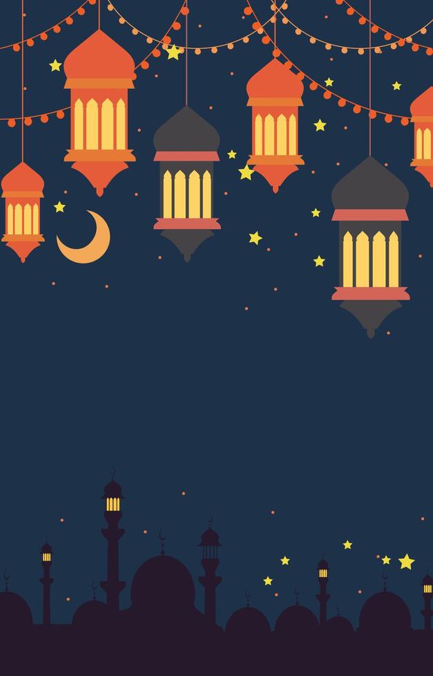 mesquita silhueta e lanterna às noite céu islâmico festival cartão fundo vetor