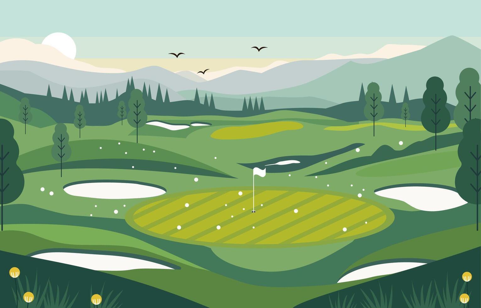 natureza panorama do verde golfe campo curso com Colina montanha Visão dentro brilhante dia vetor