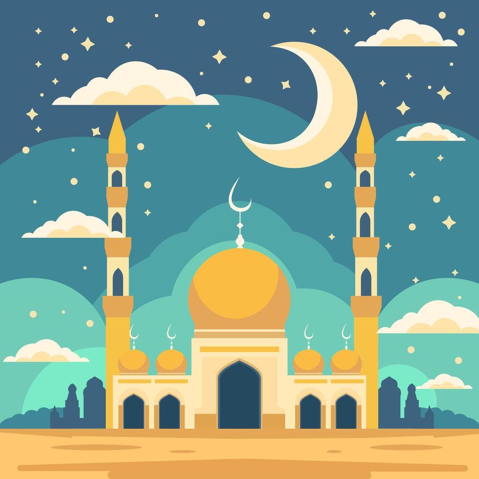 mesquita e grande crescente lua às noite céu islâmico festival cartão vetor