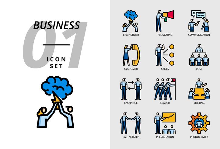Pacote de ícones para negócios, Brainstorm, promovendo, comunicação, cliente, habilidades, chefe, troca, líder, reunião, parceria, apresentação, produtividade. vetor