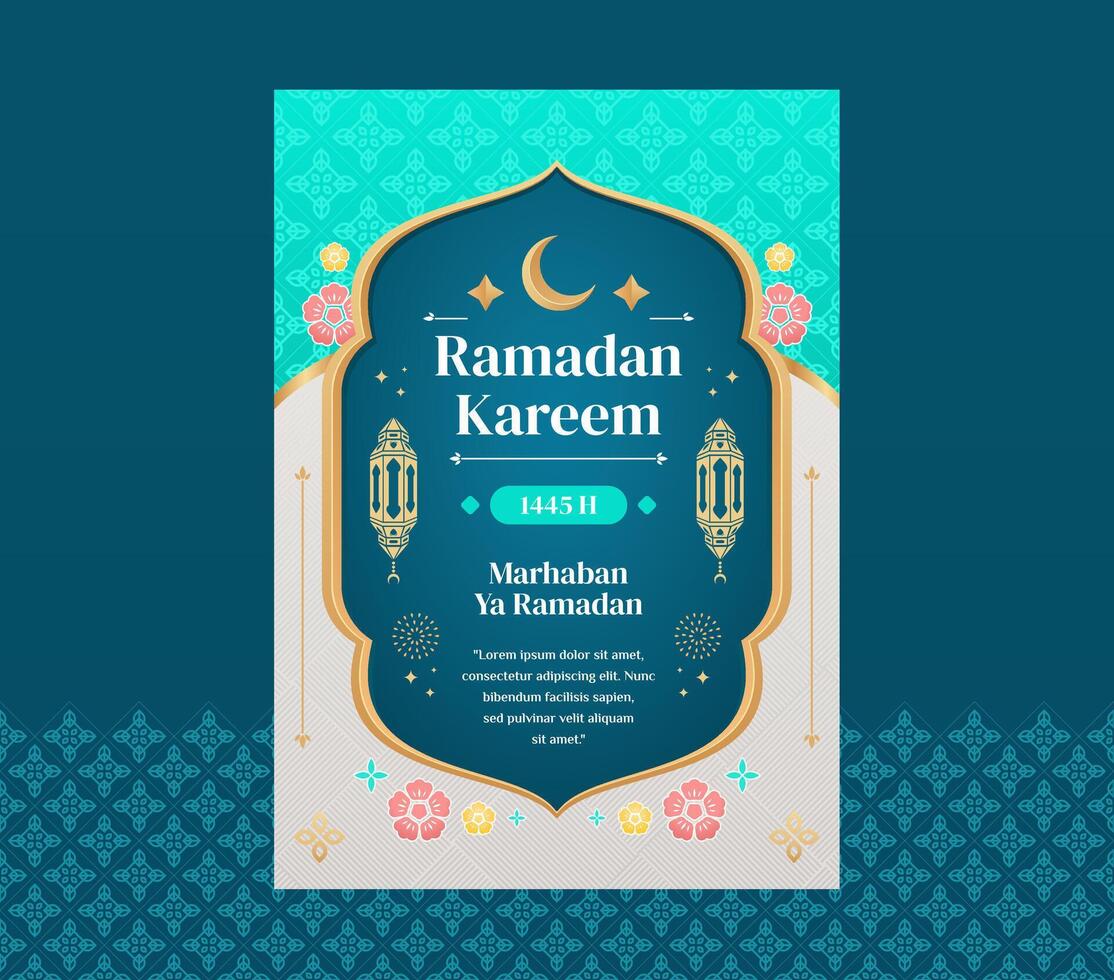 Ramadã kareem a4 poster cumprimento cartão Projeto modelo com turquesa cor para Ramadã celebração vetor
