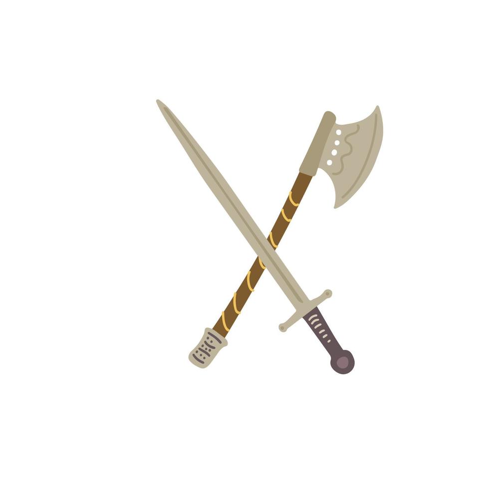 ilustração desenhada à mão de espada medieval e machado de batalha vetor