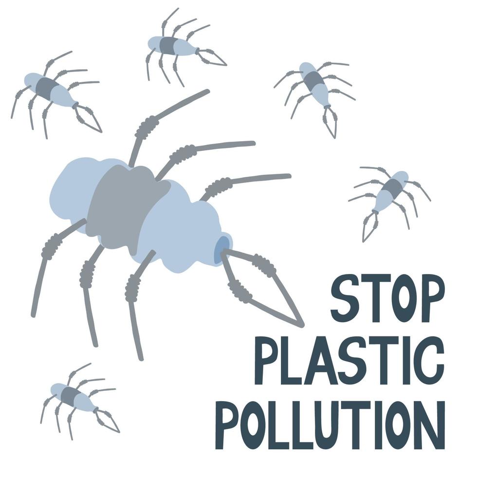 parar a poluição do plástico. letras e ilustração vetorial de monstros feitos de garrafas plásticas e canudos de coquetel vetor