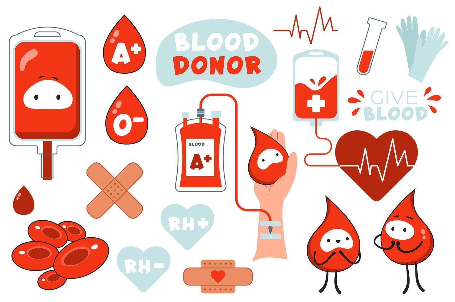 sangue doador mega conjunto dentro gráfico plano Projeto. agrupar elementos do vermelho líquido dentro bolsa, gotas, grupos e rhesus, conta-gotas, células, teste tubo, coração, luvas e outro. vetor ilustração isolado adesivos