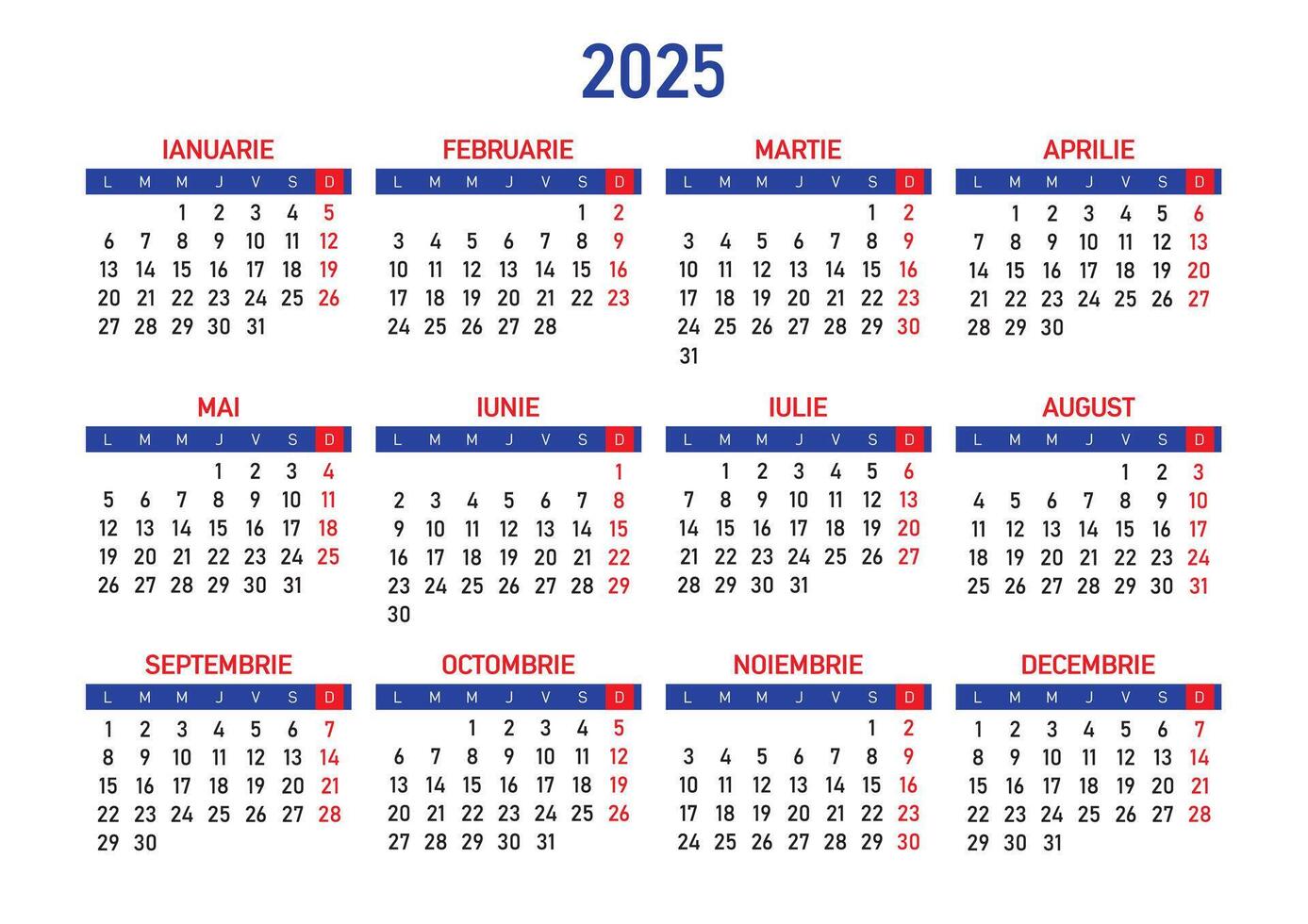 calendário 2025 dentro romena linguagem, iniciando a partir de segunda-feira, livre eps vetor