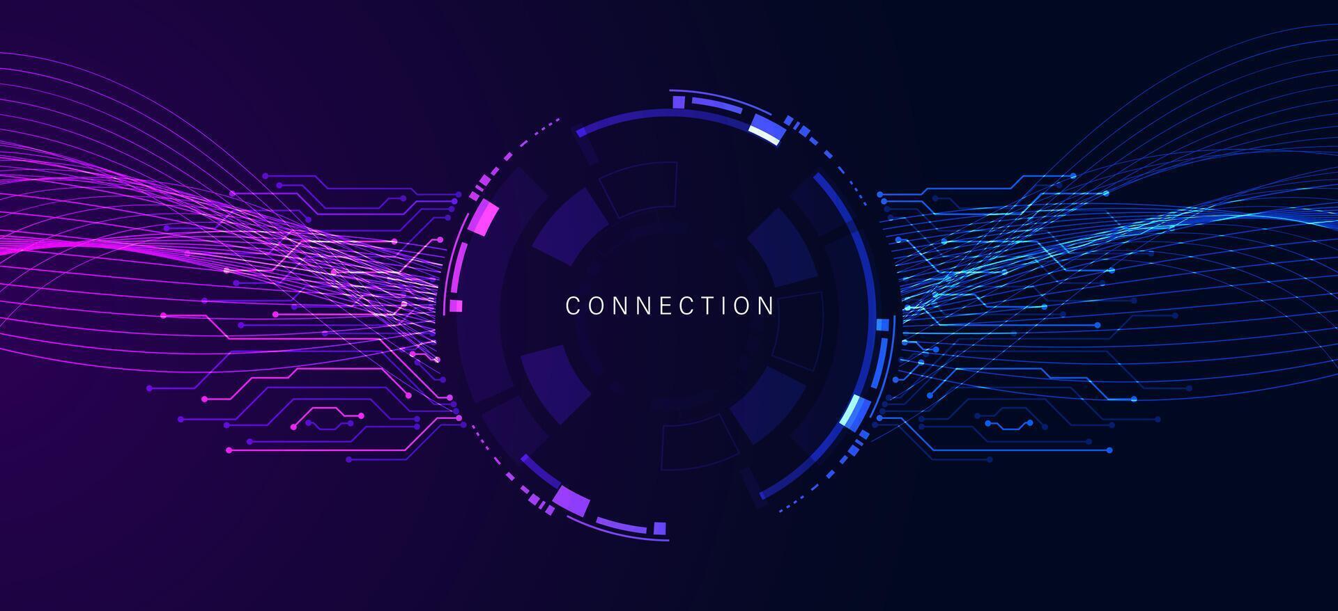 círculo o circuito borda tema conexão colorida e néon luz roxa e azul onda em círculo digital e tecnologia fundo com computador sistemas luz azul.bonito espumante luz futurista vetor