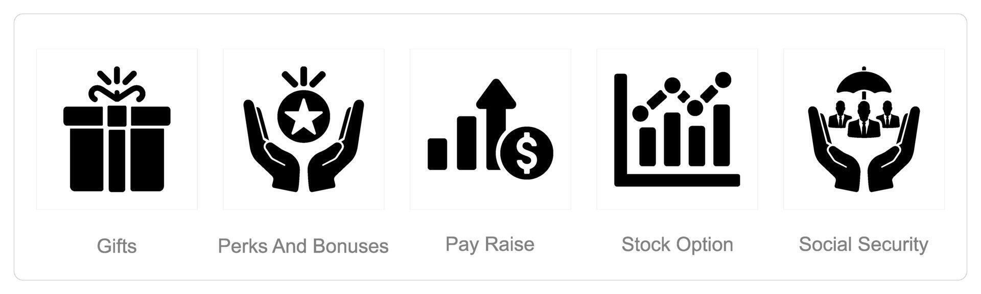 uma conjunto do 5 empregado benefícios ícones Como presentes, regalias e saltos, pagar levantar vetor