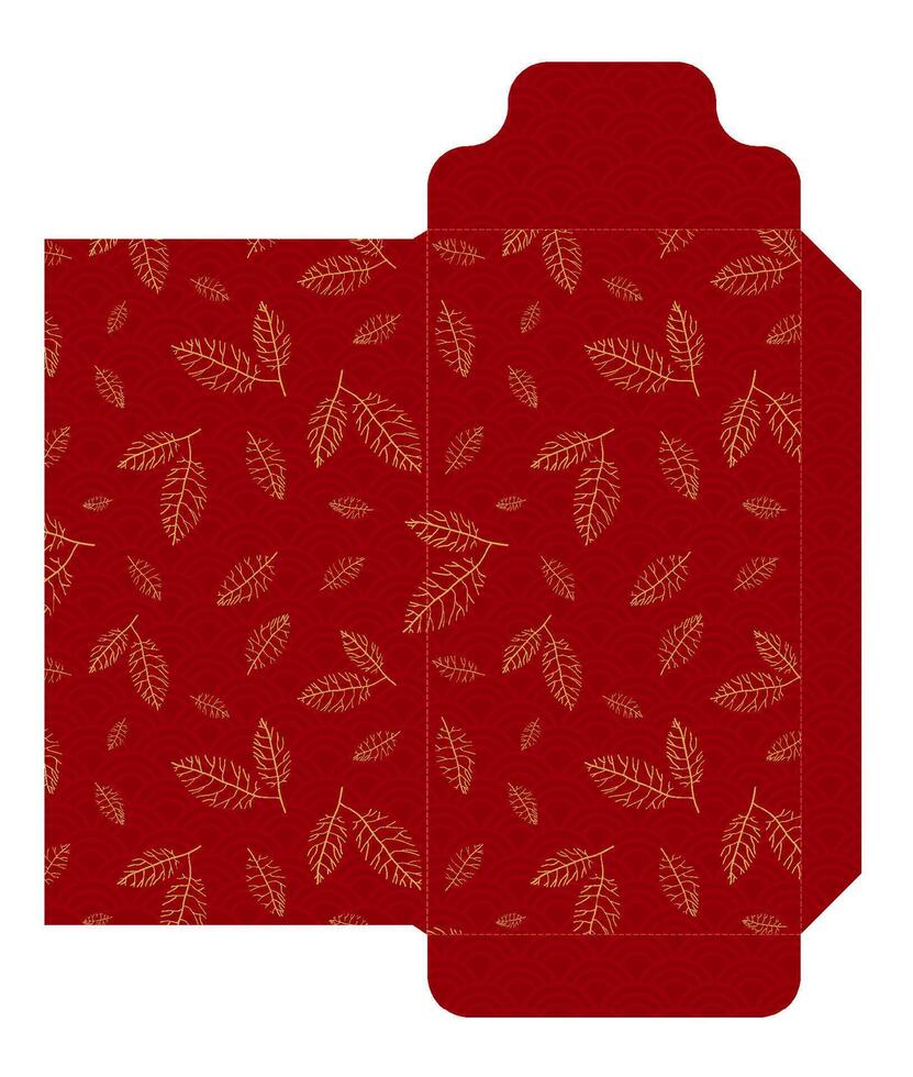 dinheiro vermelho e ouro envelope pacote 9x17 cm. chinês Novo ano com dourado folhas em vermelho fundo. envelope para cumprimento cartão vetor