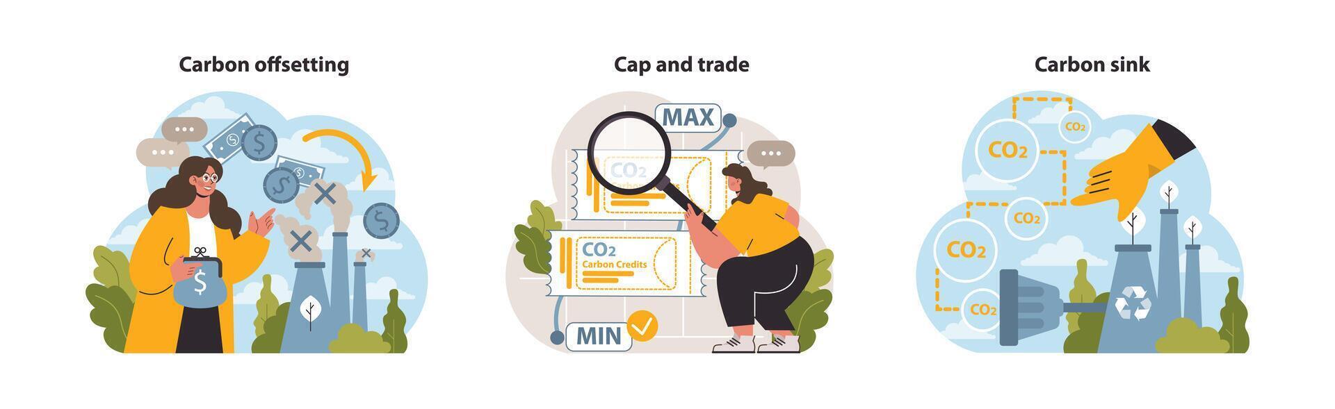 clima mudança soluções definir. senhora compreensão carbono compensação, especialista vetor