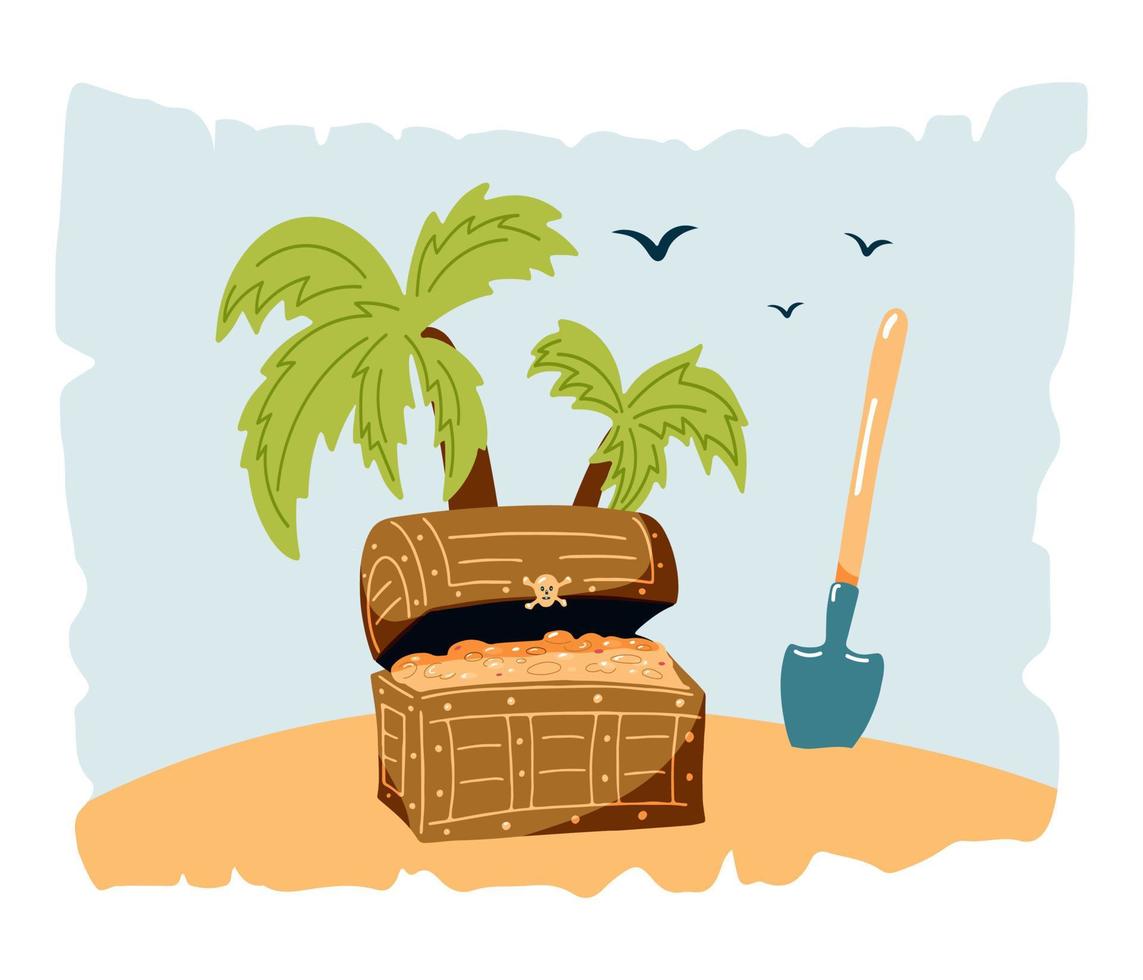 conceito de pirata com um baú de tesouro e uma pá em uma ilha deserta. ilustração vetorial no estilo desenhado à mão vetor