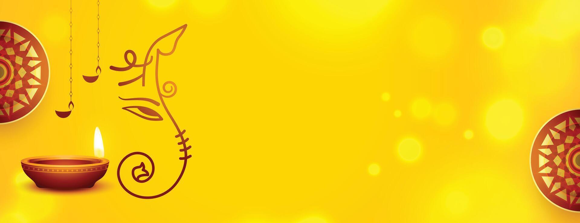 hindu tradicional ganesh chaturthi festival amarelo bandeira com diya vetor