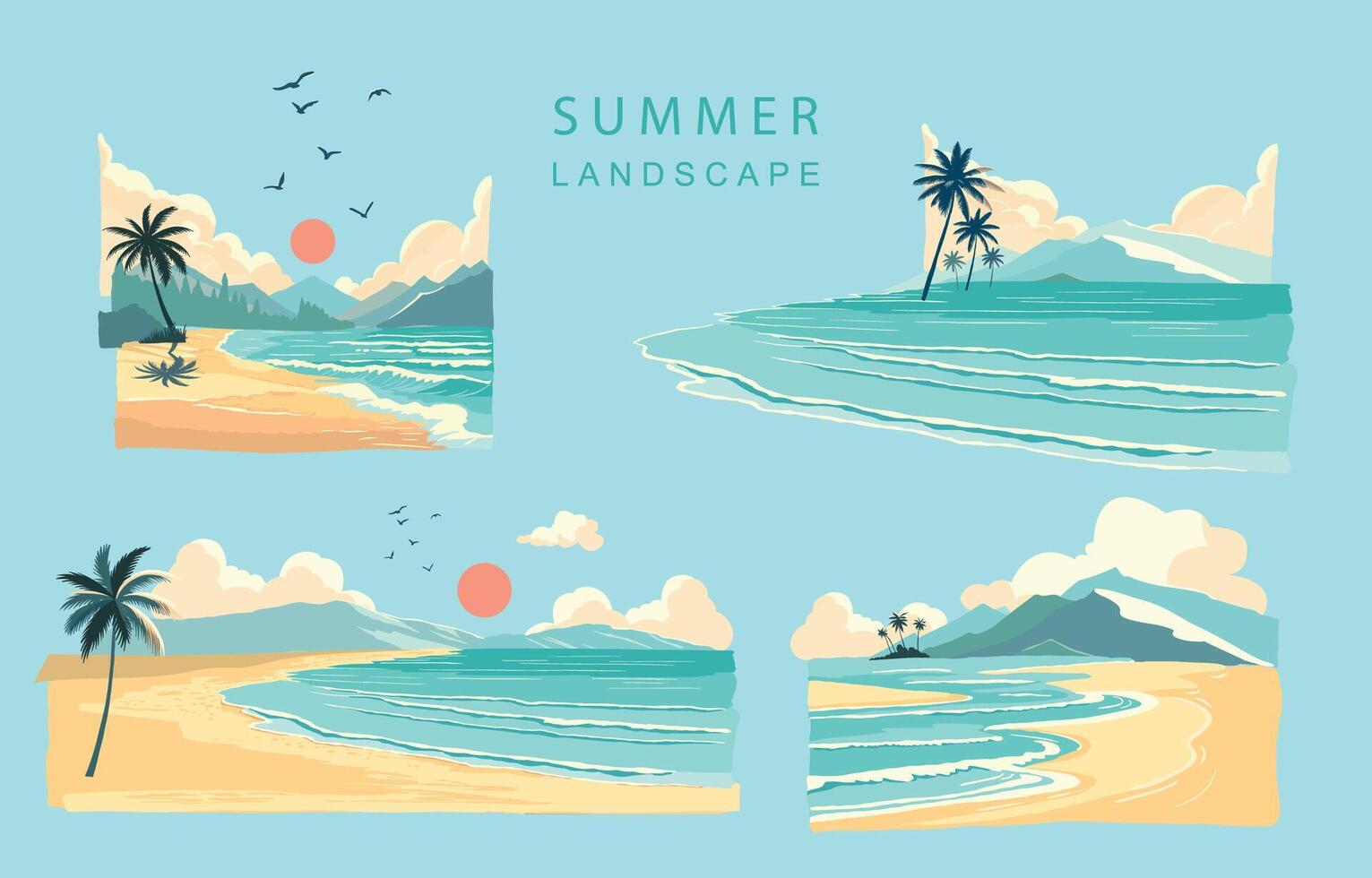 de praia elementos com mar, areia, céu.ilustração vetor para a4 página Projeto