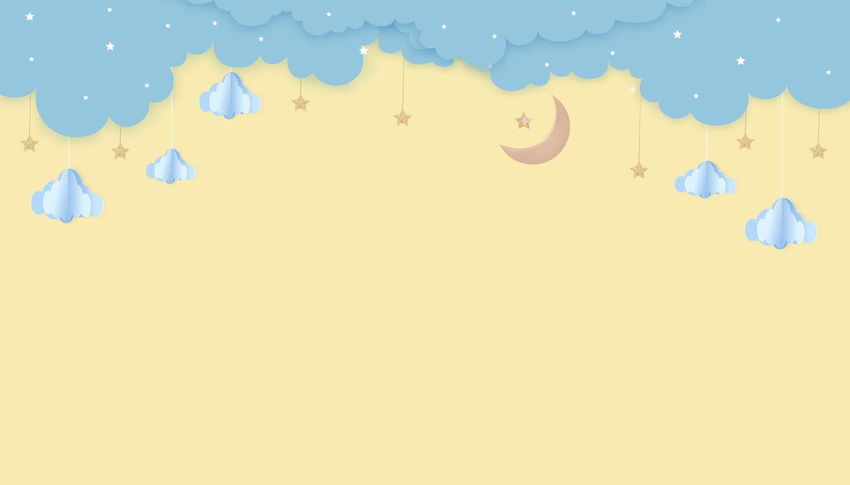bebê chuveiro plano de fundo, vetor fofa papel arte abstrato origami nuvens, crescente lua e Estrela em amarelo céu, bandeira papel cortar com cópia de espaço para Bêbês foto ou convite