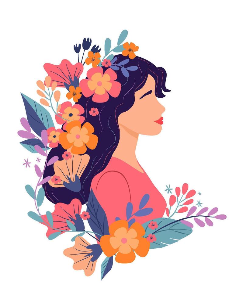 vetor bonita mulher e flores ,plano desenho animado estilo, minimalismo, poster