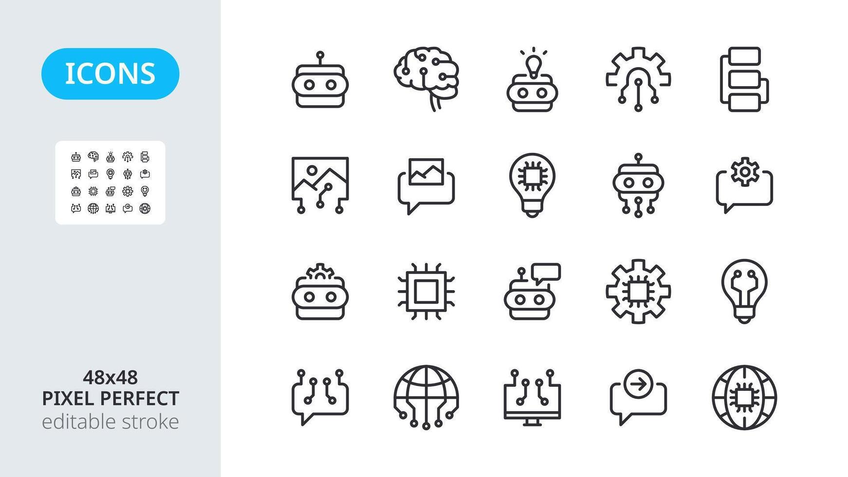 ai artificial inteligência ícones. inteligente tecnologias para a robô é cérebro. pronto para configuração acima uma máquina solicitar. algoritmos do a mente. linha símbolos pixel perfeito e editável acidente vascular encefálico 48x48. vetor