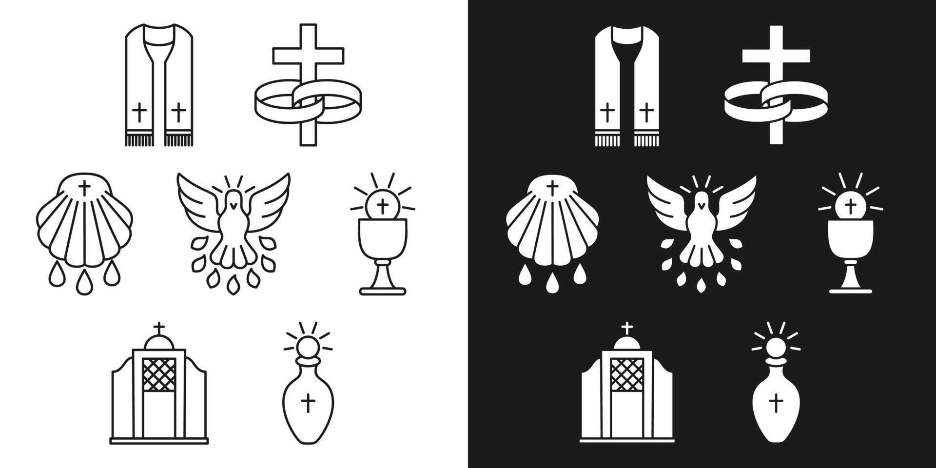 ícones Sete sacramentos do a católico igreja, ordens, casado, batismo, confirmação, Eucaristia, penitência, unção do a doente, vetor ilustração monocromático esboço