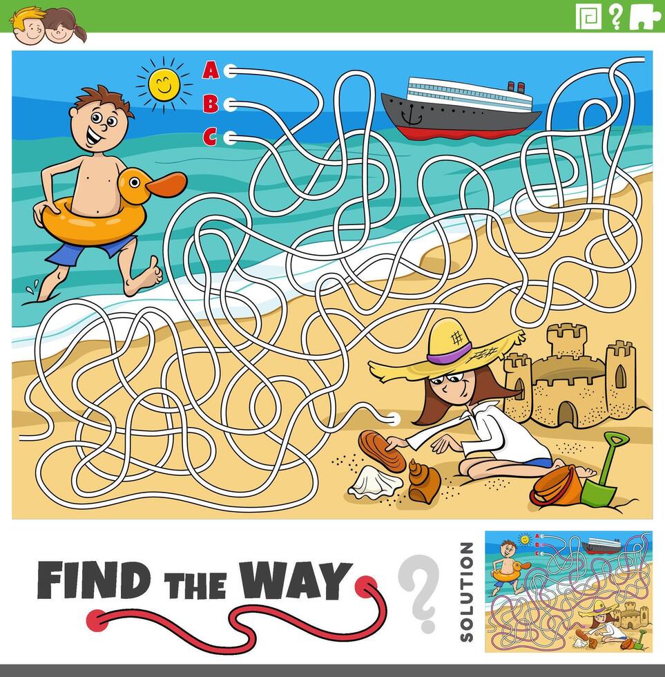 Labirinto jogos com desenhos animados em período de férias de a mar vetor
