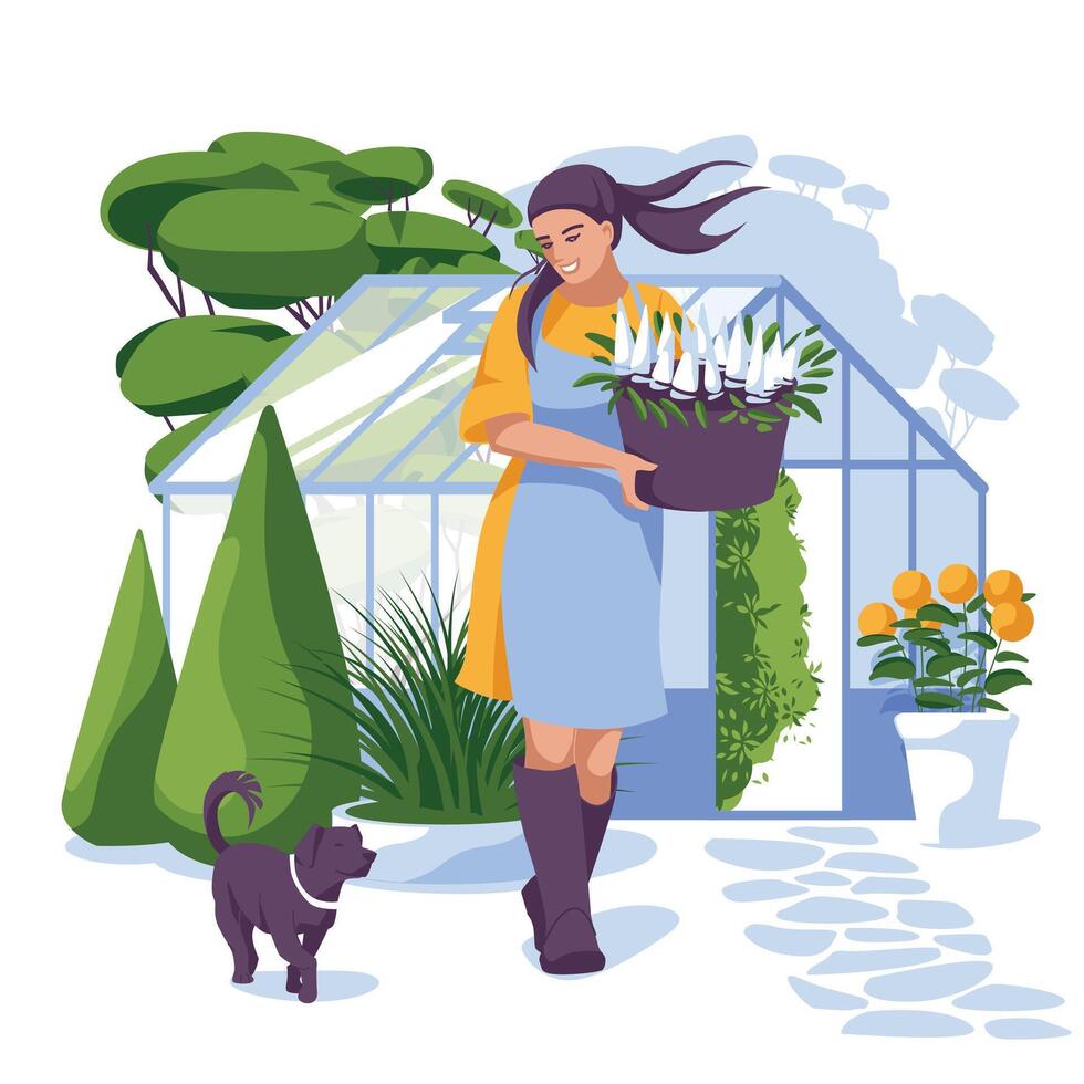 jovem mulher perto a estufa. Primavera e verão jardinagem conceito. vetor plano ilustração