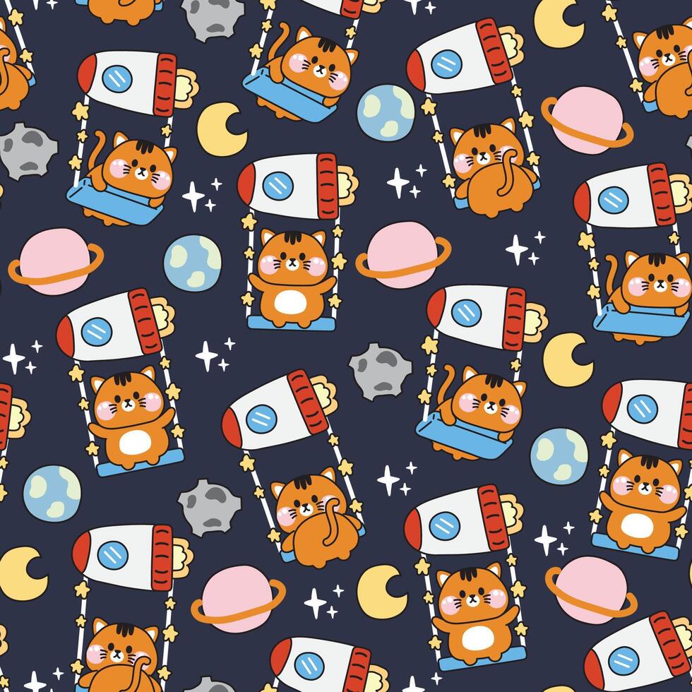 desatado padronizar do fofa gato sentar em balanço foguete forma universo background.galaxy, planeta, lua, estrela, terra mão desenhado.pet animal cartoon.meow amante.kawaii.vetor.ilustração. vetor