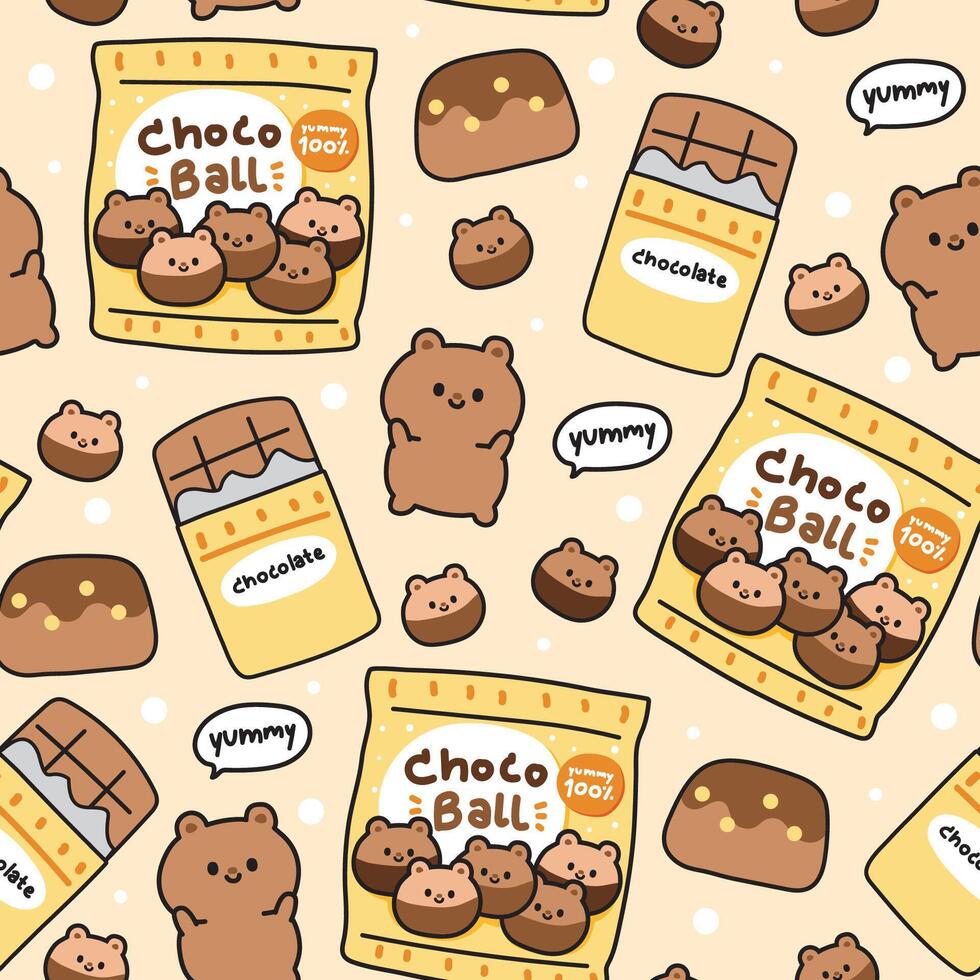 desatado padronizar do fofa Urso de pelúcia Urso com chocolate bola sobremesa e doce plano de fundo.selvagem animal personagem desenho animado design.gostoso texto.kawaii.vetor.ilustração. vetor