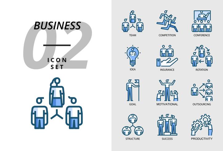 Pacote de ícones para negócios, equipe, competição, conferência, idéia, seguro, rotação, objetivo, motivação, terceirização, estrutura, sucesso, produtividade. vetor