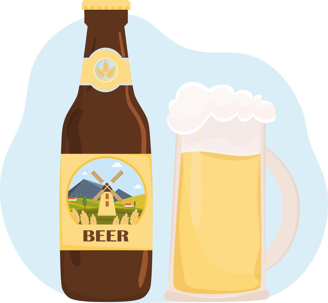 Cerveja garrafa com etiqueta e vidro com cerveja. vetor ilustração em branco fundo