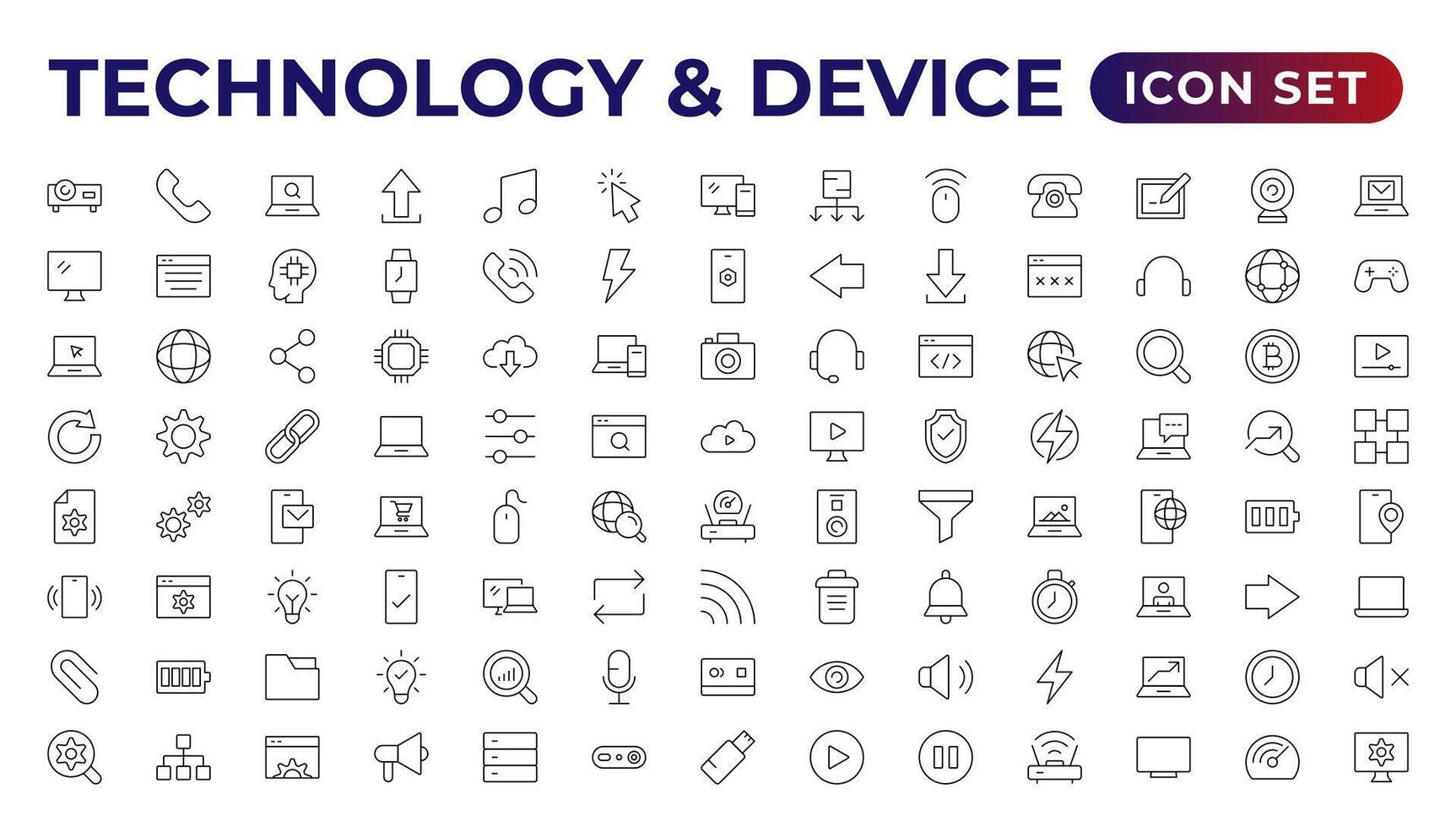 dispositivos e eletrônicos relacionado linha ícones.computadores Móvel telefones vetor linear ícone definir.dispositivo ícones, smartphones, tábua, computador portátil Área de Trabalho computador. vetor ilustração, plano design.outline ícone.